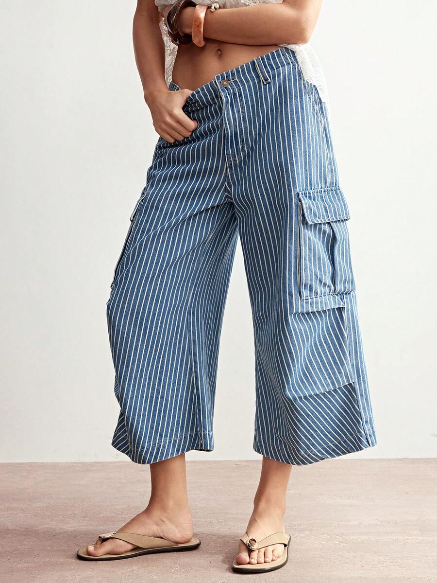 SHEIN BohoFeels Women's Casual Woven Striped Straight Leg Capri Pants - Medium Wash - View 1