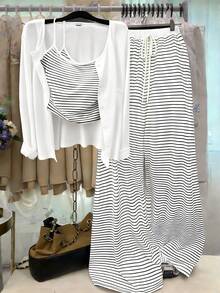 GlowEve CURVE Cárdigan de punto de unicolor talla grande, cierre con botones delanteros, decoración con cordón ajustado a rayas, pantalones elegantes casuales para uso diario y de oficina - Blanco - Ver 1