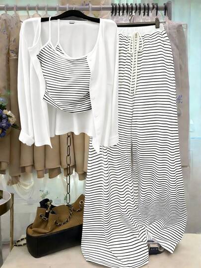 GlowEve CURVE 大码纯色针织开衫，前襟纽扣开合，条纹修身抽绳装饰，优雅休闲通勤日常穿着裤装