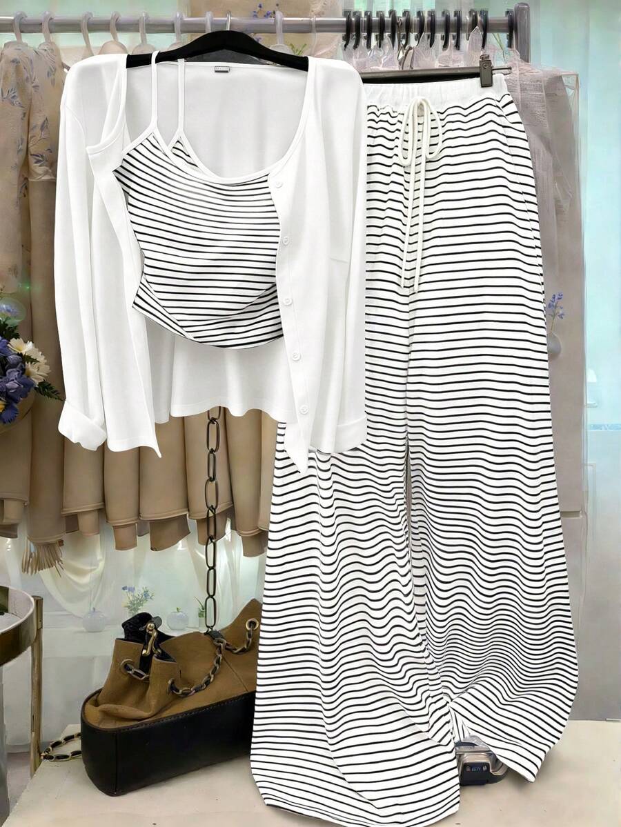 GlowEve CURVE Cárdigan de punto de unicolor talla grande, cierre con botones delanteros, decoración con cordón ajustado a rayas, pantalones elegantes casuales para uso diario y de oficina - Blanco - Ver 1
