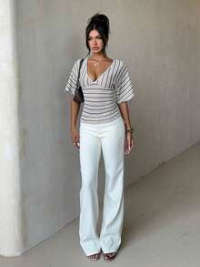 Aloruh Women's Sexy Striped Deep V-Neck Cinched Waist T-Shirt, Summer - Brown - View 6