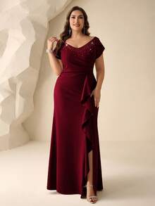 Coutiva Plus Size Rhinestone Decor Mother Of The Bride Dress - Burgundy - View 8