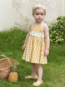 LMoss Kids 女婴格纹3D立体花卉休闲吊带连衣裙 - 黃色 - 查看 4