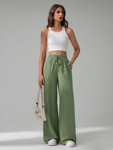SHEIN Tall Women's Solid Color Casual Pants - Olive Green - View 5