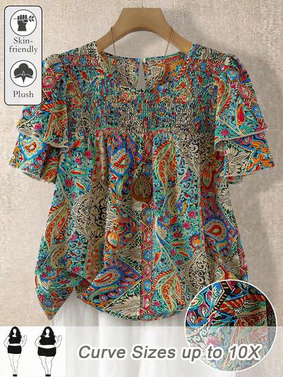 SHEIN CURVE+ Plus-Size Women's Solid Color Round-Neck Double-Layer Sleeve Short-Sleeve Casual Shirt, Casual Fashion Multifunctional Pleated Summer Vacation Women's Top, Hippie-Style Short-Sleeve Top, Boho-Style Shirt, Women's Summer Vintage Top
