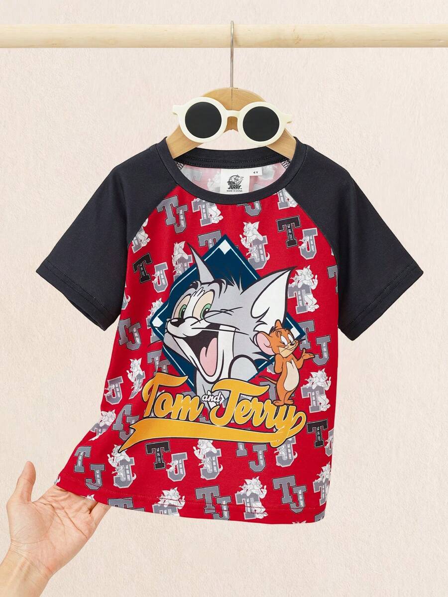 TOM & JERRY X SHEIN 男童极简卡通图案印花圆领短袖T恤 - 黑色 - 查看 1