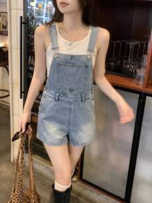DAZY Women's Casual Versatile Everyday Denim Bib Shorts With Pockets - Light Wash - View 4