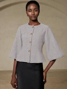 Aveloria Zanirela Áo blazer nữ thanh lịch, sang trọng, thiết kế cao cấp kiểu Pháp cổ điển, họa tiết xương cá, cổ tròn, tay lỡ xòe cánh hoa, eo thắt, cúc kim loại. - Màu Xám nhạt - Xem 2