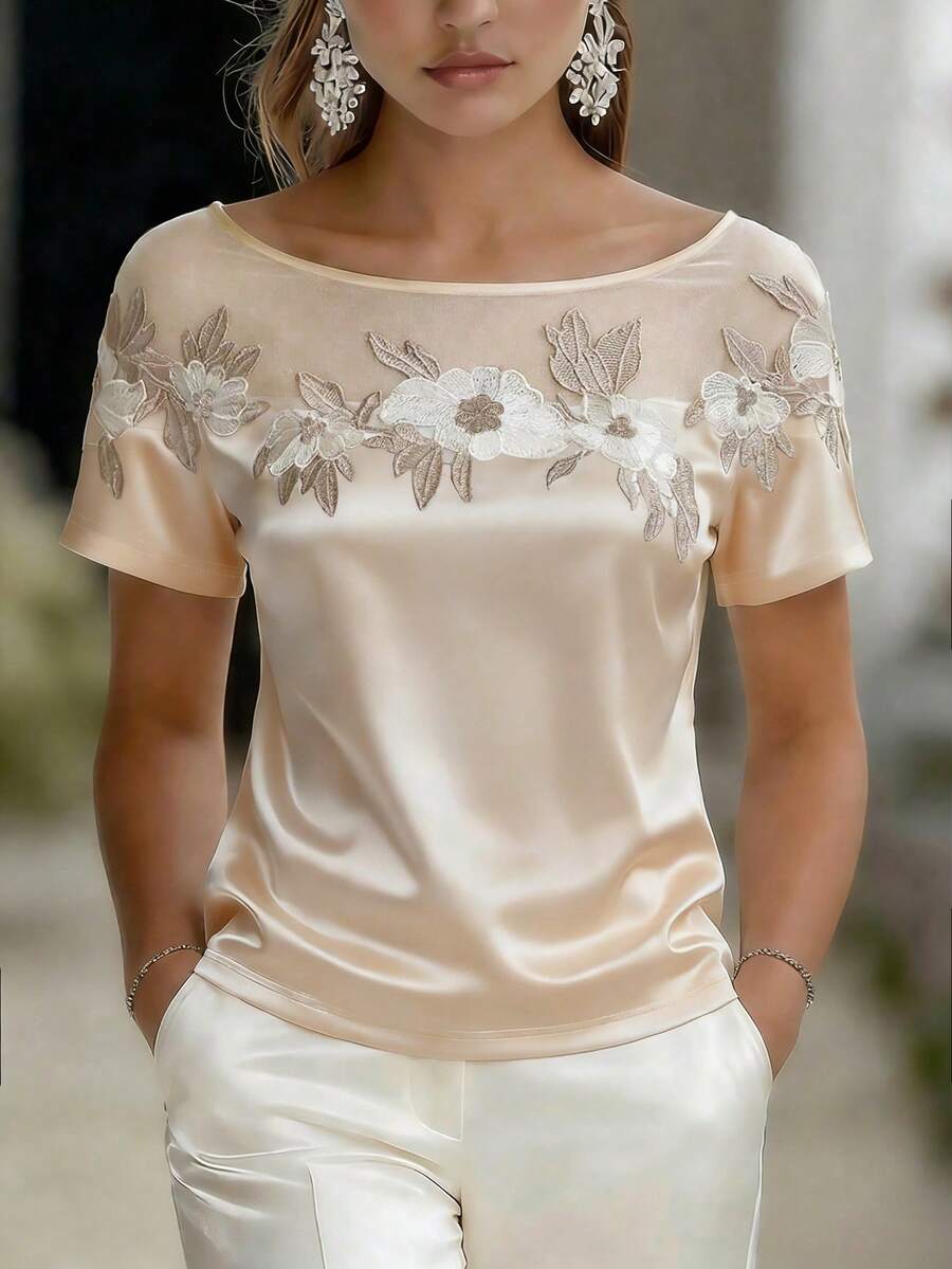 EMERY ROSE 女款優雅圓領花卉裝飾緞面襯衫,米色夏季短袖上衣,修身日常度假休閒派對婚禮賓客穿搭 - 杏色 - 查看 1