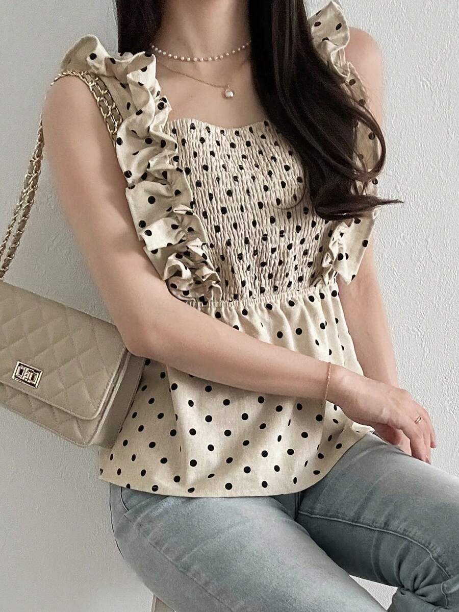 FRIFUL Áo kiểu nữ thời trang dễ thương, phối bèo nhún, chấm bi, thích hợp cho kỳ nghỉ. - Màu be - Xem 1