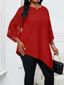 SHEIN Lady Camisa feminina plus size elegante, lisa metálica, com gola redonda, manga 3/4, barra assimétrica e modelagem solta. - Vermelho - Ver 4