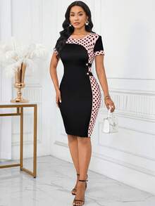 SHEIN Lady Vestido de verano de longitud media, elegante, con estampado de lunares y parches, ajustado - Negro - Ver 3