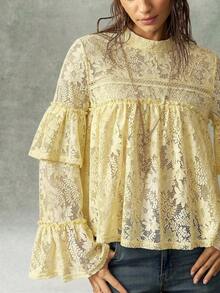 Bohemela Casual Solid Color Knit Lace Round Neck Flare Sleeve Ruffle ...