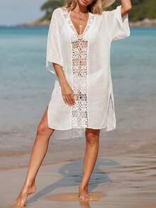 EMERY ROSE Loose Fit Openwork Crochet V-Neck Cover-Up Dress With Side Slits, For Vacation, Summer Beach - White - View 1