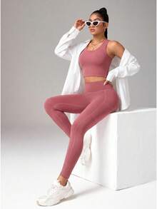 SHEIN Sports Women's Fashionable Versatile Minimalist Tank Top And Casual Tight Leggings Sports Suit - Hot Pink - View 7
