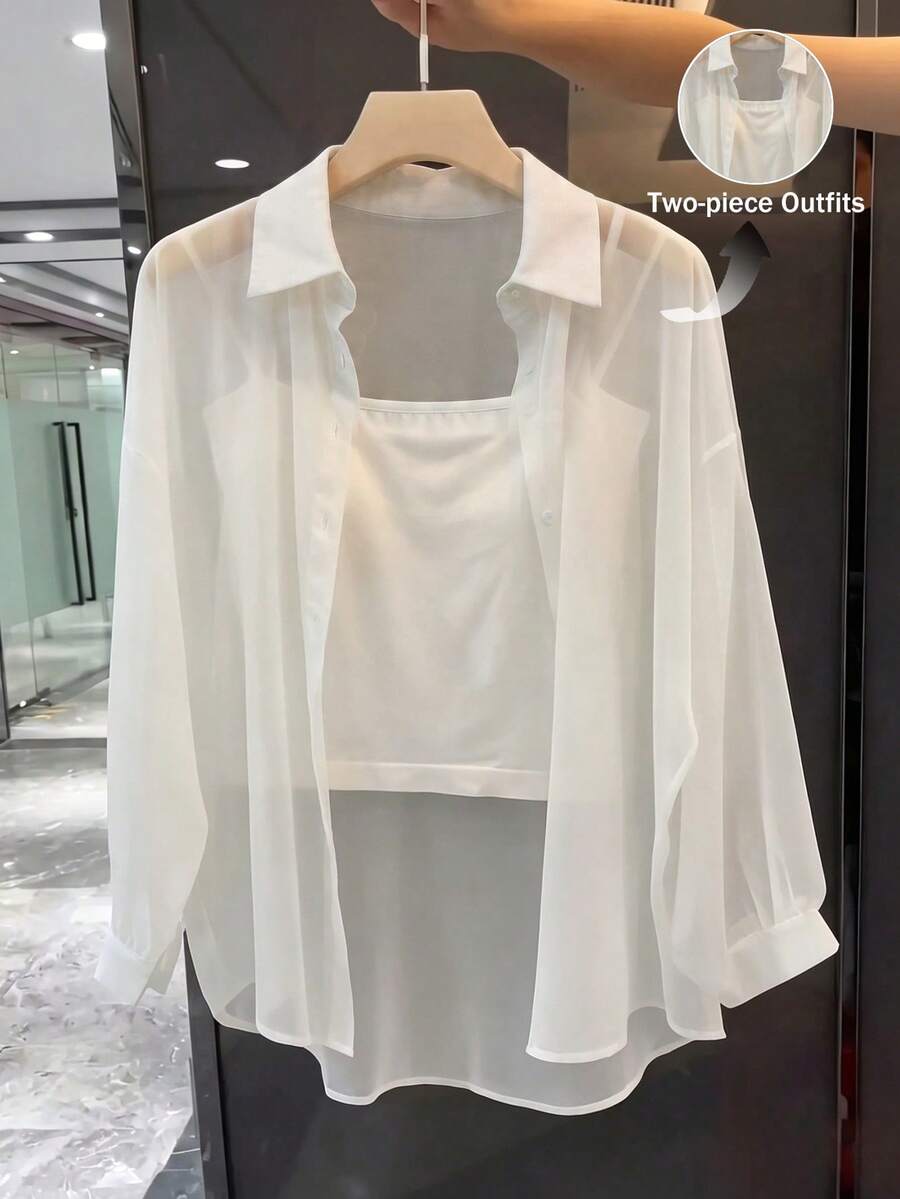 SHEIN Franclia Bộ đồ nữ gồm áo sơ mi dài tay cổ bẻ bằng vải chiffon, kiểu dáng thường ngày, thích hợp cho kỳ nghỉ xuân/hè. - trắng - Xem 1