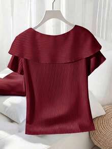Camiseta casual de mujer de unicolor con diseño de botones y decoración de lazo en las mangas cortas - Burdeos - Ver 2