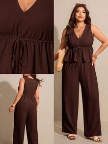Elaquor Plus Size Casual Solid Color Tank Top And Pants 2 Pieces Set - Coffee Brown - View 1