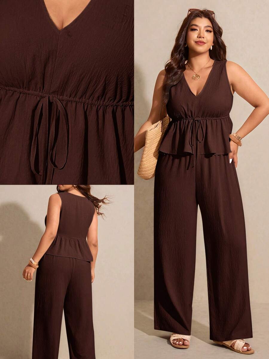 Elaquor Plus Size Casual Solid Color Tank Top And Pants 2 Pieces Set - Coffee Brown - View 1