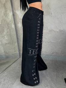 Dayanna Comas Quần jean ống rộng cạp thấp thêu đinh tán kim loại phong cách Punk Kpop - màu đen - Xem 5