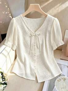 Franclia New Chinese Style Button-Up Chiffon Blouse, Women Short Sleeve V-Neck Jacquard Top, Fitted Shirt - White - View 3