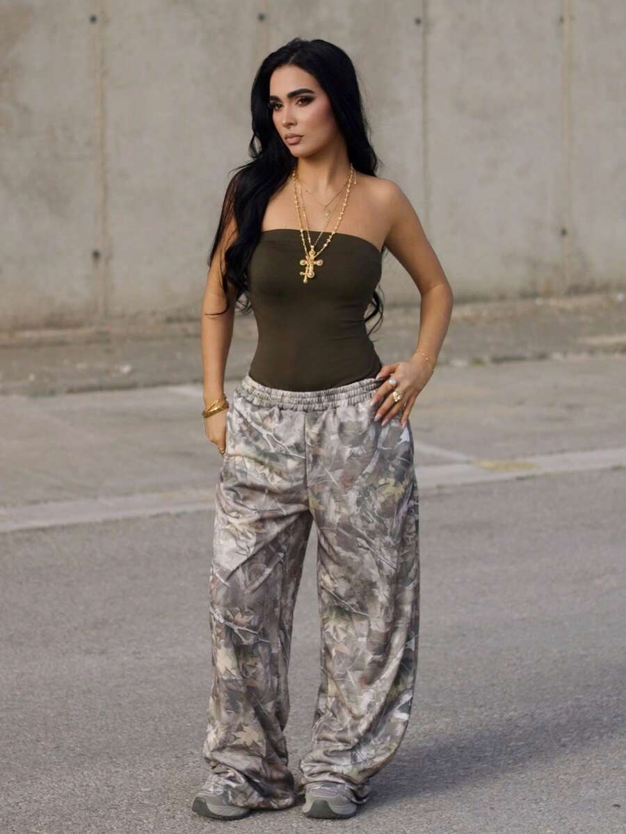 AfricaSnchz 女式树枝印花宽松休闲运动裤 - 卡其色 - 查看 1