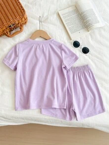 Young Girl 2pcs Set: Casual Round Neck Purple Printed T-Shirt Top And Leggings - Mauve Purple - View 2