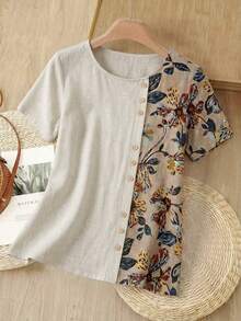 Rusticease Women Round Neck Button Printed Patchwork Casual Short Sleeve Shirt For Spring/Summer,Short Sleeve Tops - Khaki - View 1