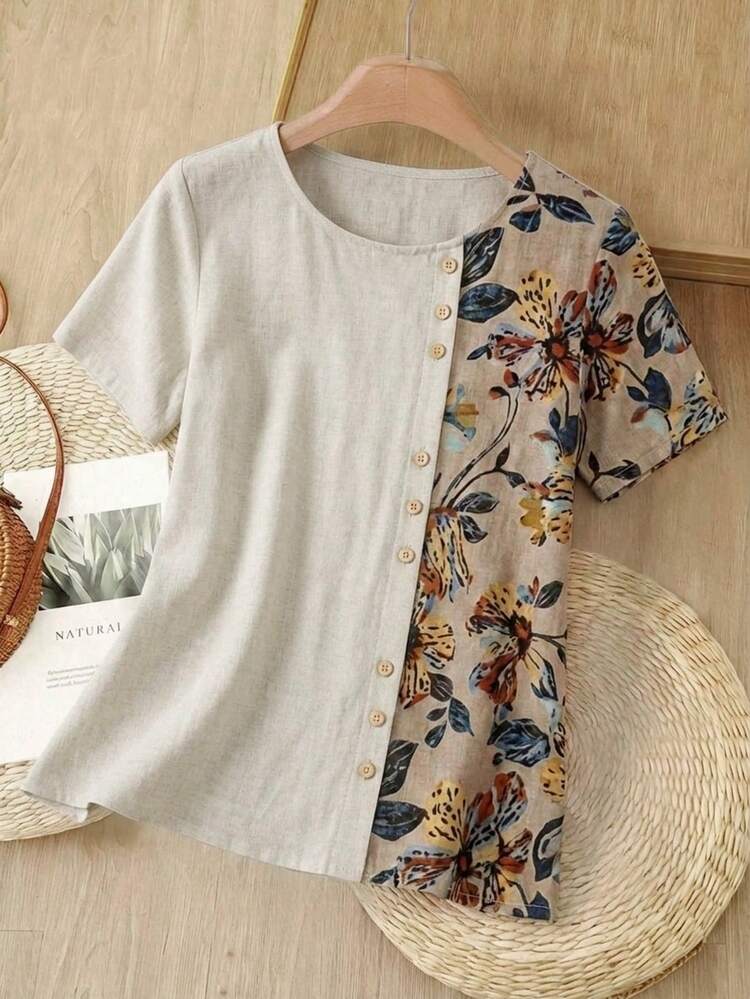 Women Round Neck Button Printed Patchwork Casual Short Sleeve Shirt For Spring/Summer,Short Sleeve Tops