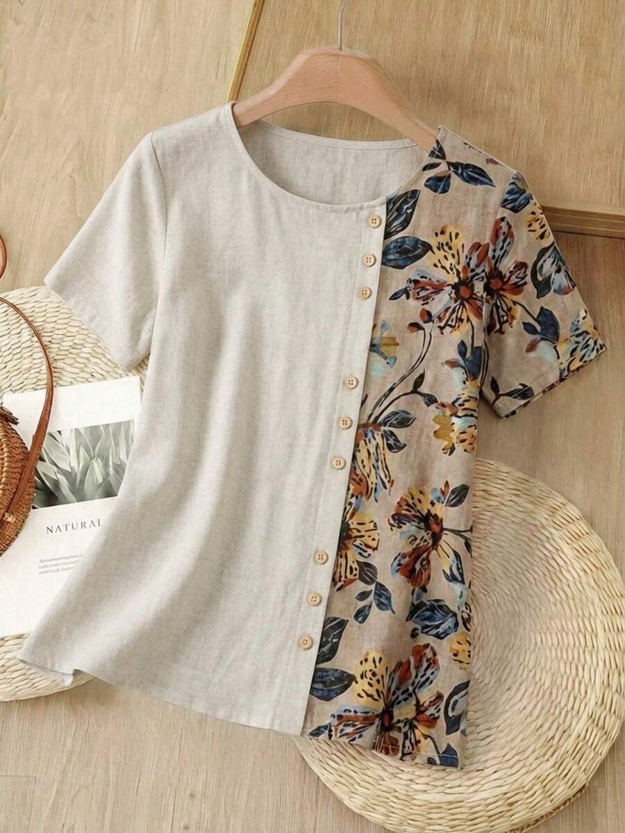 Rusticease Women Round Neck Button Printed Patchwork Casual Short Sleeve Shirt For Spring/Summer,Short Sleeve Tops - Khaki - View 1