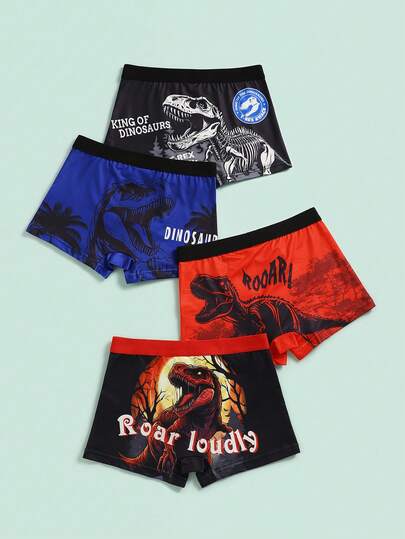 Bộ 4 quần lót in hình khủng long hoạt hình cho bé trai, quần boxer thoải mái.