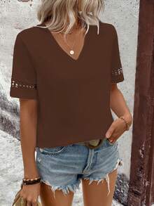 EMERY ROSE Women's Casual Solid Color Short Sleeve T-Shirt, Summer - Coffee Brown - View 6