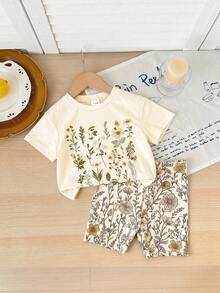 SHEIN Baby Girl Floral Print Short Sleeve T-Shirt And Shorts Casual Outfit - Multicolor - View 8