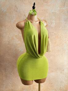 Mistrie 绿色垂褶领系带紧身连衣裙 | 性感度假沙滩派对连衣裙 - 綠色 - 查看 3