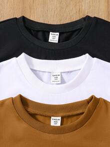 SHEIN 3pcs/Set Tween Boys' Casual Multicolor Knitted T-Shirt, School, Campus, College - Brown - View 4