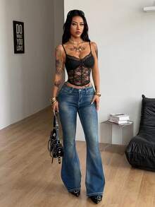 Coolane Women's Summer Concert Outfit Streetwear Y2k Casual Date Night Sexy Party Daily Wear Contrast Lace Crop Sleeveless Corset Tank Tops - Black - View 4