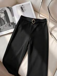 SHEIN Raffinéa Women's Solid Color Minimalist Elegant Casual Slim Fit Pants Teachers' Day Office Black Autumn - Black - View 5