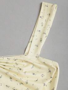 Sweetra Spring/Summer New Vintage Floral Square Neck Ruffle Waist A-Line French Elegant Short Dress, Pale Yellow - Yellow - View 5