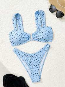 Bonvoyette Conjunto de bikini de moda con diseño de estampado de lunares para niñas, un éxito de en verano - Azul - Ver 5