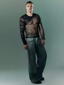FeverCity Men's Solid Color Round Neck Long Sleeve Lace Patchwork Sheer Sexy T-Shirt - Black - View 5