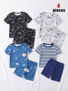 4pcs/Set Young Boy's Spring/Summer Knit Crew Neck Short Sleeve Shorts Pajama Set, Dinosaur Graphic Print, Casual Tight-Fit Loungewear - Multicolor - View 3