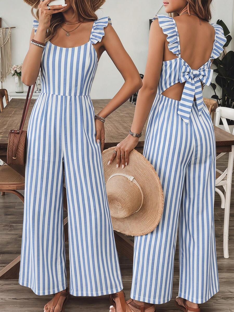 Tween Girls' Classic Blue & White Striped Jumpsuit With Fluttering Sleeves, Hollow Bowknot Back Detail, Refreshing Style Suitable For Beach Strolls And Small Town Casual Outings - Blue and White - View 1