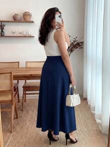 Enliva Kích thước lớn Màu thuần Giải trí Váy - Màu xanh hải quân - Xem 2