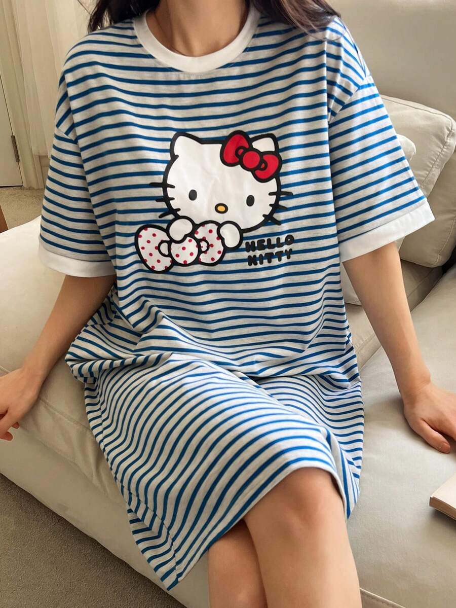 HELLO KITTY | DAZY 女士波点蝴蝶结印花条纹宽松睡裙,夏季 - 藍色 - 查看 1