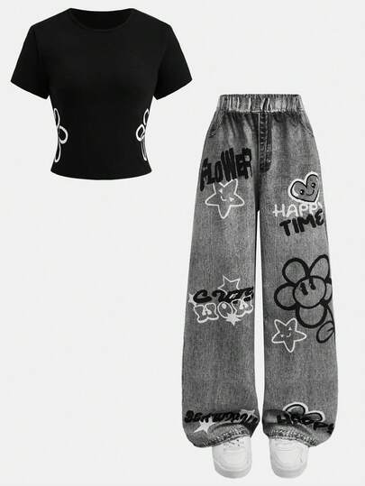 Girlism Bộ đồ thể thao nữ tuổi teen 2 món, áo thun tay ngắn khoét lỗ họa tiết hoa và quần dài, kiểu dáng thoải mái, thời trang thể thao mùa hè, họa tiết denim.