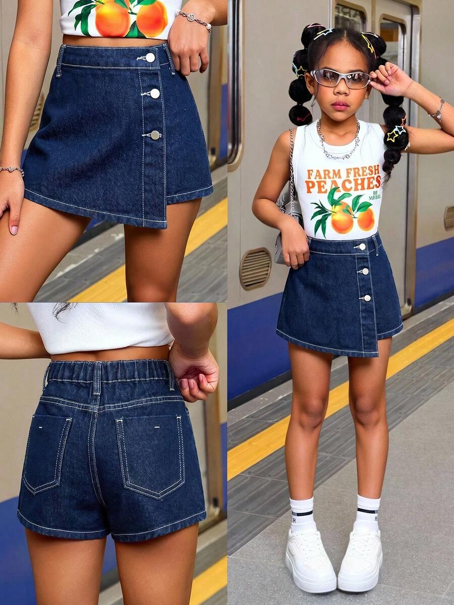 SHEIN 青少年女孩夏季Y2K休閒波西米亞風不對稱鈕扣牛仔裙褲,適合夏季度假與日常街頭穿搭 - 深色水洗藍 - 查看 1