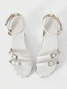 ROMWE Grunge Punk Women's Shoes Rivet Buckle White Fashion Wedge Heel Platform Sandals Summer Shoes - White - View 2