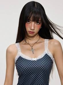 Rina Fox Women's Summer Fashion Polka Dot Print Contrast Lace Bow Decor Bodycon Camisole - Multicolor - View 5