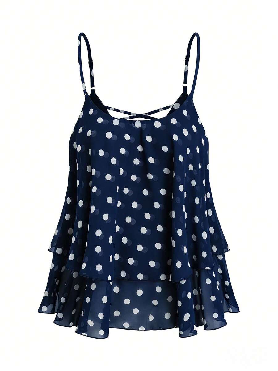 Rometta Plus Size Women Chiffon Polka Dot Double Ruffle Hem Spaghetti Strap Criss-Cross Back Camisole - Navy Blue - View 1