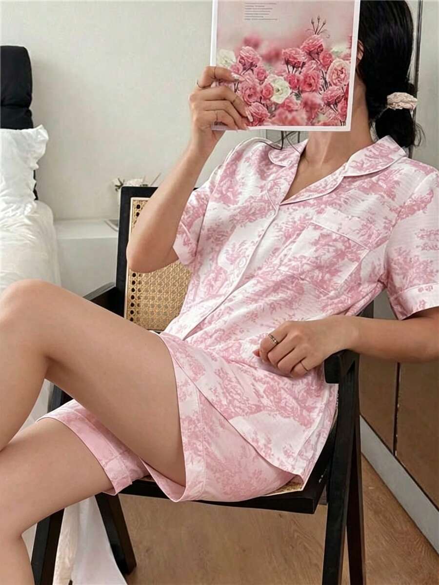 Napfluff 印花翻领短袖短裤睡衣套装 - 淺粉色 - 查看 1